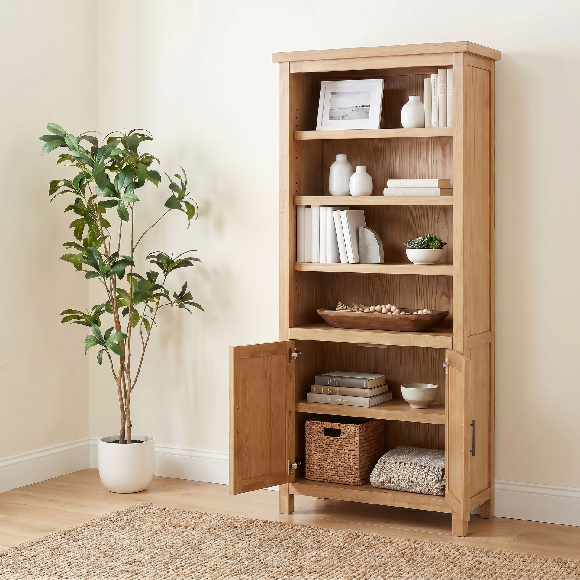 Natural Oak Bookcase with Cabinet