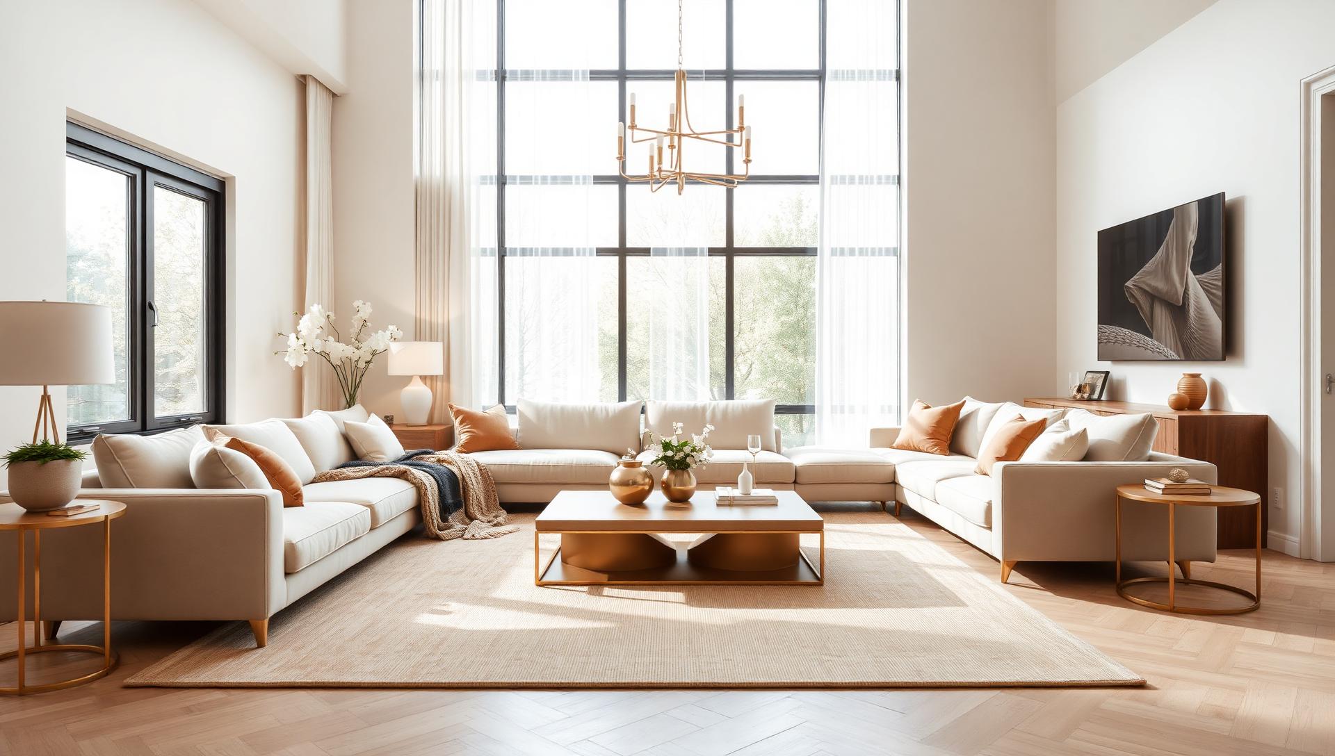 Modern living room with cream sectional and warm gold accents at Reno Furniture OKC